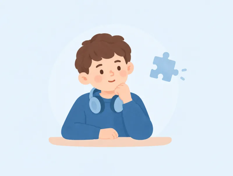Ilustrace: chlapec se sluchátky na krku a puzzle.